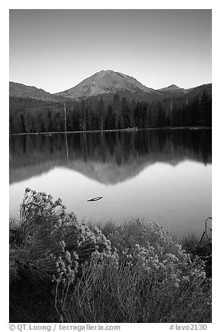 Manzanita lake and Mount Lassen in late summer, sunset. Lassen Volcanic National Park (black and white)