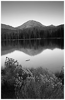 Manzanita lake and Mount Lassen in late summer, sunset. Lassen Volcanic National Park ( black and white)