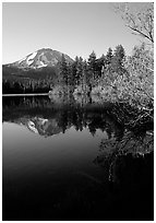 Manzanita lake and Mount Lassen in spring, morning. Lassen Volcanic National Park, California, USA. (black and white)