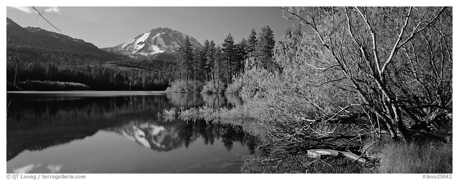 Lassen Peak reflexions in the spring. Lassen Volcanic National Park (black and white)