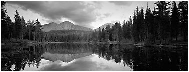 Volcanic peak and conifer reflected in lake. Lassen Volcanic National Park (Panoramic black and white)