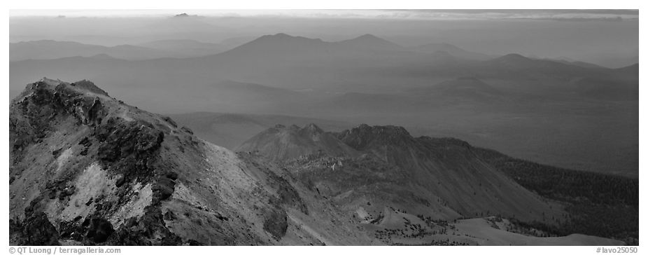 Ridges seen from Lassen Peak at sunset. Lassen Volcanic National Park (black and white)
