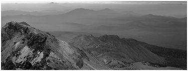 Ridges seen from Lassen Peak at sunset. Lassen Volcanic National Park (Panoramic black and white)