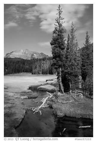 Kings Creek, meadow, and Lassen Peak. Lassen Volcanic National Park (black and white)