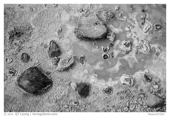 Ground close-up of sulfure deposits and mud. Lassen Volcanic National Park (black and white)