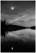 Moon and reflection at dusk, Juniper Lake. Lassen Volcanic National Park ( black and white)