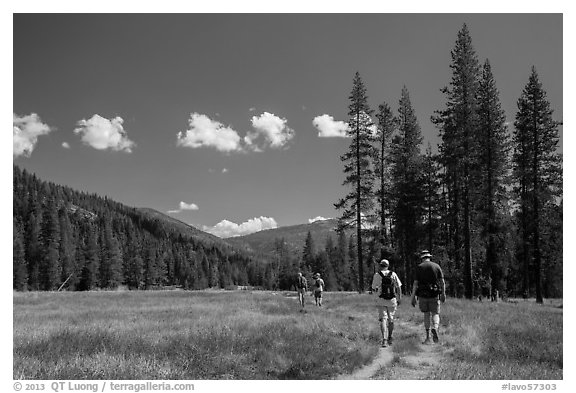 Hikers, Warner Valley. Lassen Volcanic National Park (black and white)