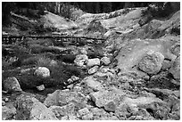 Sulfur deposits next to Hot Springs Creek. Lassen Volcanic National Park ( black and white)