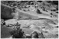 Boiling mud pot and colorful mineral deposits. Lassen Volcanic National Park ( black and white)