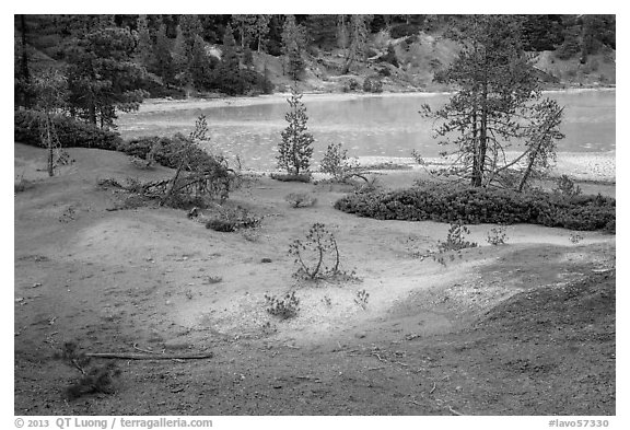 Red earth and greenish waters of Boiling Springs Lake. Lassen Volcanic National Park (black and white)