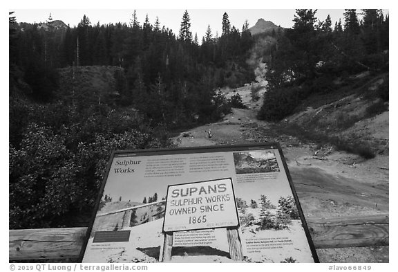 Sulphur Works interpretive sign. Lassen Volcanic National Park (black and white)