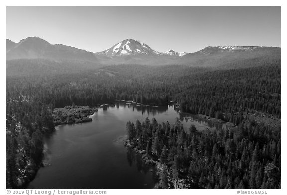 Aerial view of Manzanita Lake, Chaos Crags, and Lassen Peak. Lassen Volcanic National Park (black and white)