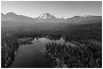 Aerial view of Manzanita Lake, Chaos Crags, and Lassen Peak. Lassen Volcanic National Park ( black and white)