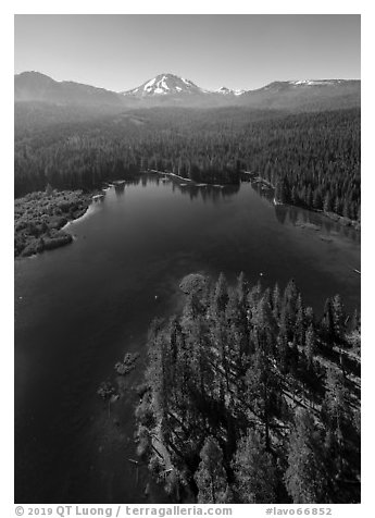 Aerial view of Manzanita Lake, Chaos Crags, and Lassen Peak. Lassen Volcanic National Park (black and white)