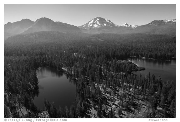 Aerial view of Reflection Lake, Manzanita Lake, and Lassen Peak. Lassen Volcanic National Park (black and white)