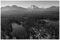 Aerial view of Reflection Lake, Manzanita Lake, and Lassen Peak. Lassen Volcanic National Park ( black and white)