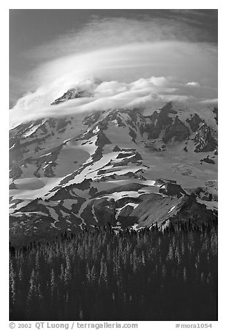 Mt Rainier with lenticular cloud. Mount Rainier National Park (black and white)