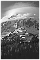 Mt Rainier with lenticular cloud. Mount Rainier National Park, Washington, USA. (black and white)