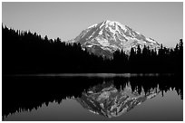 Mt Rainier with perfect reflection in Eunice Lake at sunset. Mount Rainier National Park, Washington, USA. (black and white)