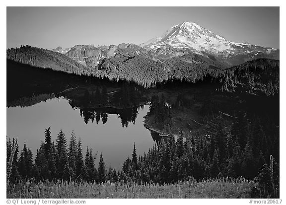Eunice Lake seen from above with Mt Rainier behind, afternoon. Mount Rainier National Park (black and white)