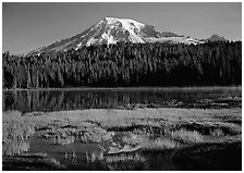 Reflection Lake and Mt Rainier, early morning. Mount Rainier National Park, Washington, USA. (black and white)