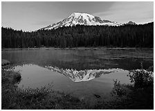 Mount Rainier reflected in lake at dawn. Mount Rainier National Park, Washington, USA. (black and white)