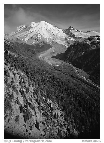 Valley fed by Mount Rainier glaciers, morning, Sunrise. Mount Rainier National Park (black and white)