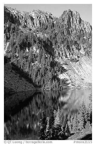 Cliffs reflected in Eunice Lake. Mount Rainier National Park (black and white)
