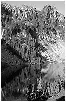 Cliffs reflected in Eunice Lake. Mount Rainier National Park, Washington, USA. (black and white)