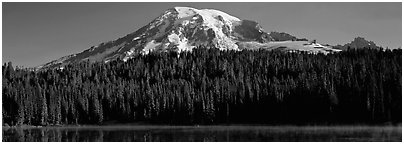 Mount Rainier raising above forest and lake. Mount Rainier National Park (Panoramic black and white)