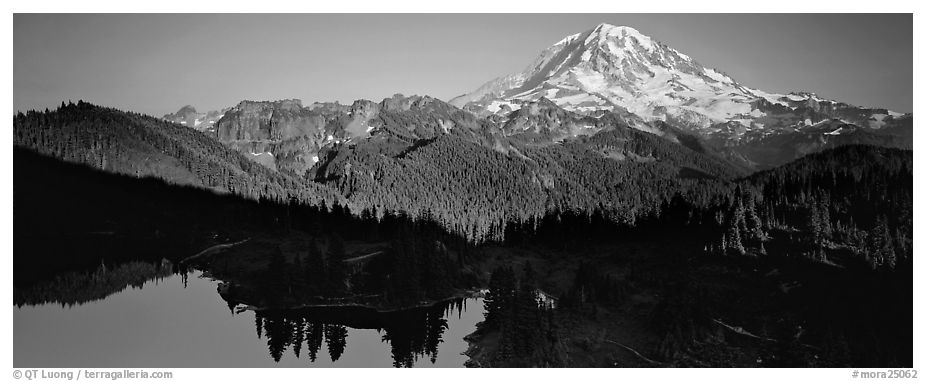 Lake and distant Mount Rainier. Mount Rainier National Park (black and white)