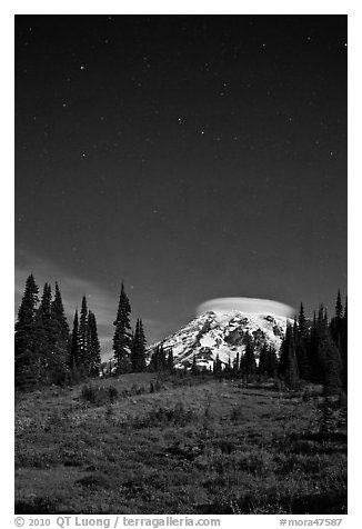 Mount Rainier and stars by night. Mount Rainier National Park, Washington, USA.