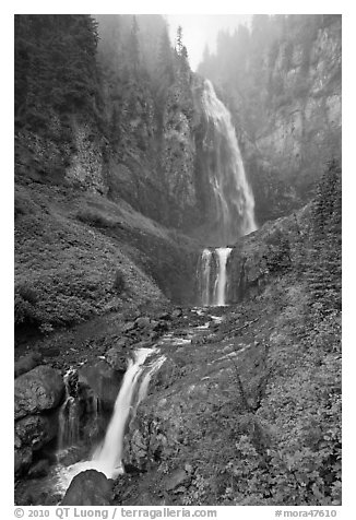 Comet Falls in the fog. Mount Rainier National Park (black and white)