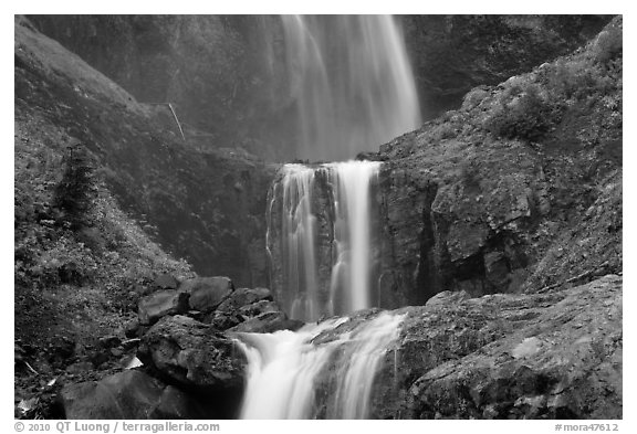 Three tiers of Comet Falls. Mount Rainier National Park (black and white)