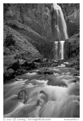 Flowing creek and Comet Falls. Mount Rainier National Park (black and white)