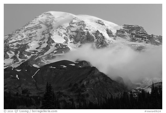 Mount Rainier and fog at dawn. Mount Rainier National Park (black and white)
