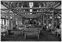 Interior of Paradise Inn. Mount Rainier National Park, Washington, USA. (black and white)