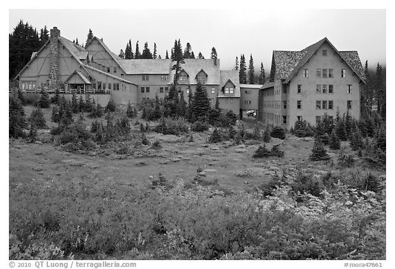 Paradise Inn in autumn. Mount Rainier National Park (black and white)