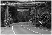 Park entrance gate. Mount Rainier National Park, Washington, USA. (black and white)