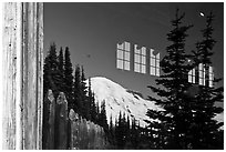 Mt Rainier, Sunrise Visitor Center window reflexion. Mount Rainier National Park, Washington, USA. (black and white)