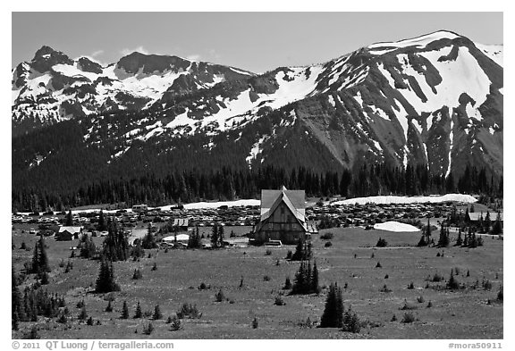 Meadows, buildings and parking lot, mountains, Sunrise. Mount Rainier National Park, Washington, USA.