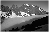 Sun projected on fog below peaks, early morning, Cascade Pass area, North Cascades National Park. Washington, USA. (black and white)