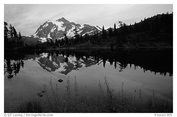 Mount Shuksan and Picture lake, sunset,  North Cascades National Park.  (black and white)