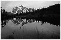 Mount Shuksan and Picture lake, sunset,  North Cascades National Park. Washington, USA. (black and white)