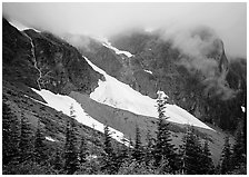 Cascades and snowfields, below Cascade Pass, North Cascades National Park. Washington, USA. (black and white)