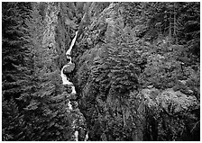 Gorge Creek falls in summer, North Cascades National Park Service Complex. Washington, USA. (black and white)