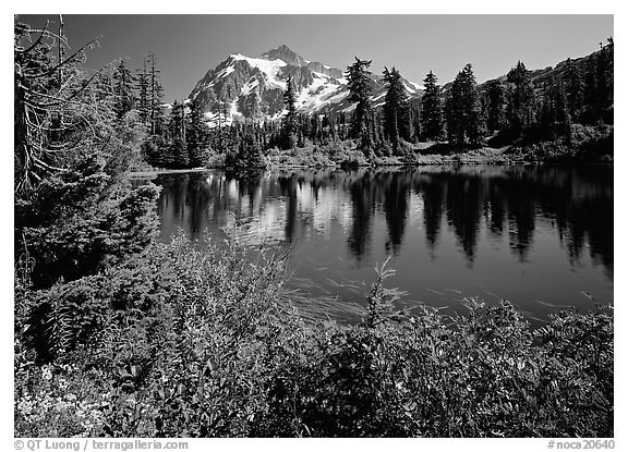 Mount Shuksan and Picture lake, mid-day. North Cascades National Park (black and white)