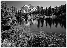 Mount Shuksan and Picture lake, mid-day,  North Cascades National Park. Washington, USA. (black and white)