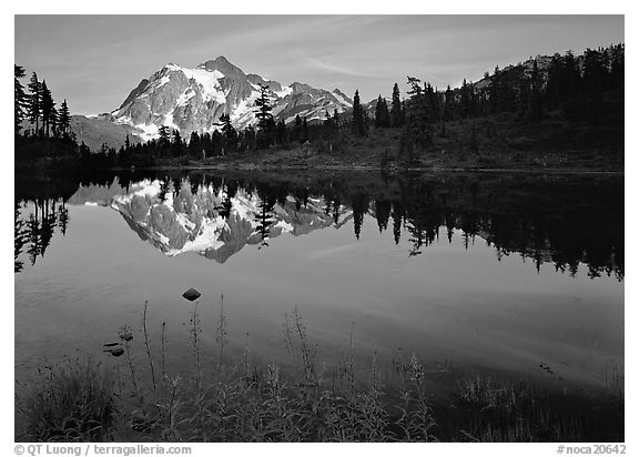 Mount Shuksan and Picture lake, sunset,  North Cascades National Park.  (black and white)
