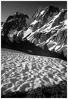 Late summer snow and peaks, Cascade Pass area, morning, North Cascades National Park. Washington, USA. (black and white)